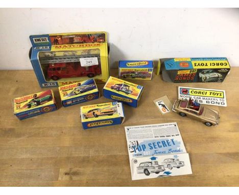 A collection of six Matchbox and one Corgi toy cars including a Corgi Special Agent 007 James Bond Aston Martin DB5, a kingsi