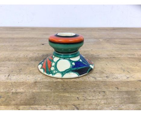 A Clarice Cliff Fantasque pattern candlestick with conical base measures 5cm high