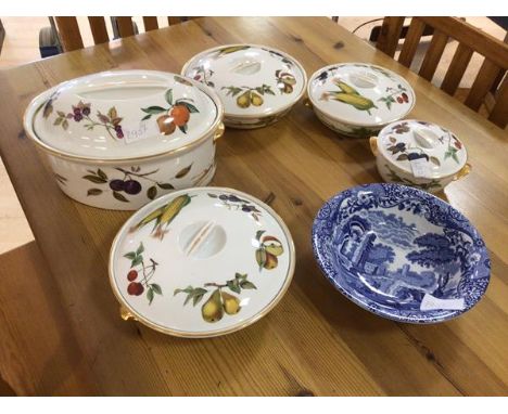 A collection of Royal Worcester Evesham pattern lidded cooking dishes including tureen which measures 18cm high x 31cm x 24cm