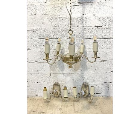 A white metal five branch ceiling pendent light fitting (D46cm) together with a similar pair of twin branch wall sconces, (W2