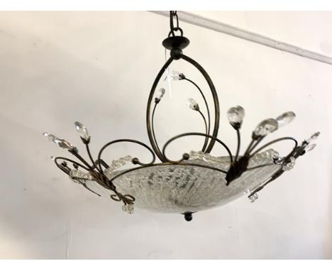 An anodised metal ceiling pendent light fitting with four branches and glass shade, D60cm