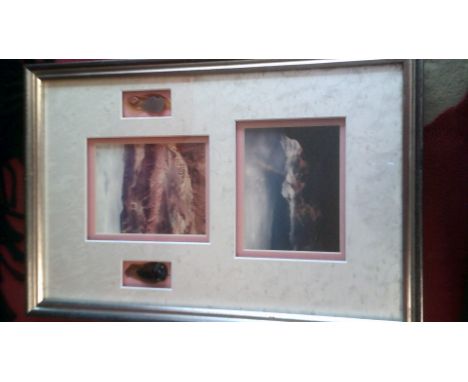 Print-(2) small pictures of mountain range with (2) fossil arrow heads, 15 x 10 approx, silver coloured frame wood