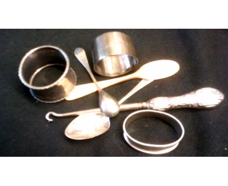 Silver napkin Rings-button hook and spoons etc