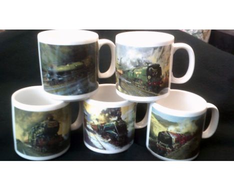 Railway Mugs (5)-The Royal Mail Collection-Famous Trains; The Flying Scotsman, The Golden Arrow, The Cornish Rivers, The Chel