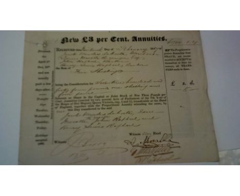 Chares + Bonds 1867-New £3 per cent annuities share certificate for £1,744.1.4d Raphael Family