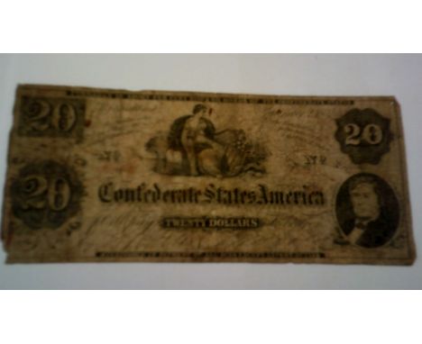 U.S.A. (Confederate) 1862-20 Dollars, Richmond Colombia Seated on a bale of cotton; R.M.T.Hunter at right T47, P48, VG - rare