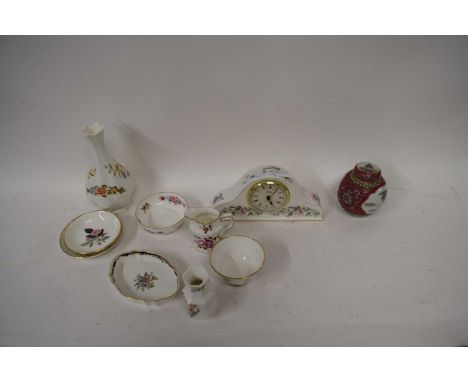 AYNSLEY 'WILDFLOWER' MANTEL CLOCK, SMALL DERBY POSIES PIN DISH, VARIOUS OTHER SMALL PIN DISHES, VASES ETC