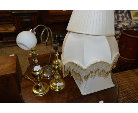 PAIR OF BRASS TABLE LAMPS AND A FURTHER DESK LAMP