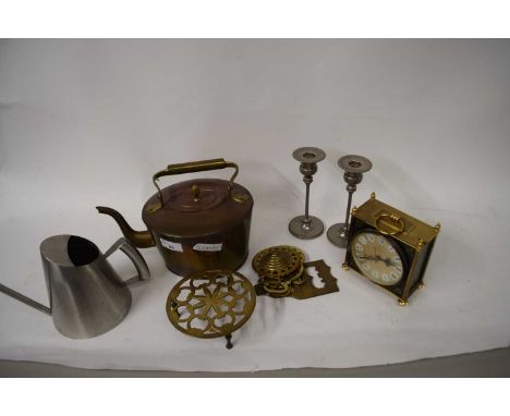 COPPER KETTLE, TRIVET, HORSE BRASSES, MANTEL CLOCK, CANDLESTICKS ETC