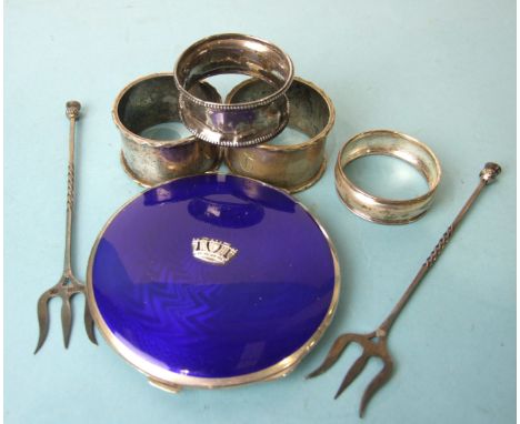 An enamelled silver compact, the blue guilloche enamelled lid with Royal Navy crown, (deep scratch to edge of enamel), Birmin