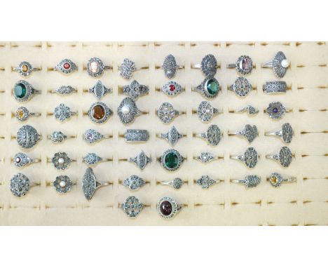 Approximately fifty various rings set marcasites and cultured pearls, paste stones, amethyst, etc, marked 'SILVER', 199g, siz