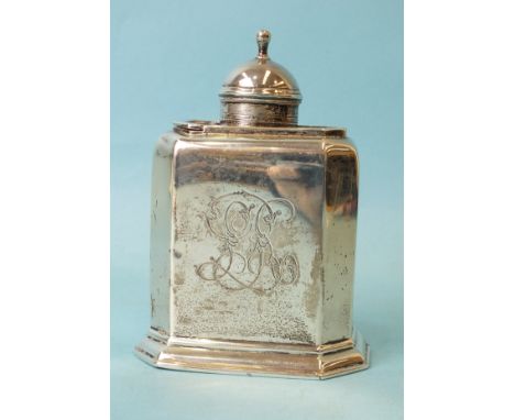 A silver tea caddy by George Unite, of rectangular form with canted corners, the sliding top with removable cap and engraved 