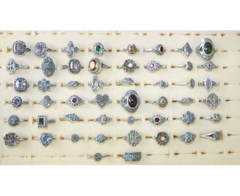 Approximately fifty various rings set marcasites and cultured pearls, paste stones, amethyst, etc, 177g, sizes K-Q, marked si