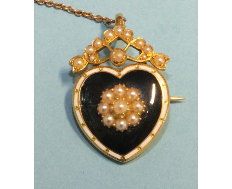 An Edwardian mourning brooch/pendant set pearl cluster, on black enamel heart-shaped plaque below pearl-set coronet, (damage 