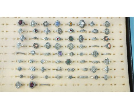 Approximately sixty-seven various rings set marcasites and cultured pearls, paste stones, amethyst, etc, 210g, sizes K-Q, mar