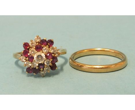 A 9ct gold cluster ring set round-cut rubies and white synthetic stones, size Q and a 9ct gold wedding band, size R, 6.6g, (2