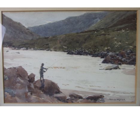 Norman Wilkinson (British, 1878-1971) BOTHY POOL, RIVER AWE, FISHERMAN STANDING ON A ROCK WITH SHEEP AND HILLSIDE BEHIND Sign