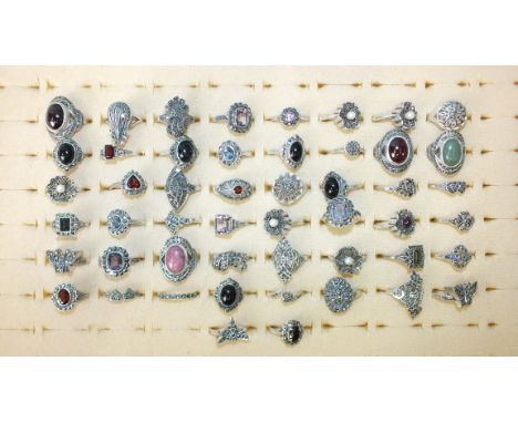 Approximately fifty various rings set marcasites and cultured pearls, paste stones, amethyst, etc, marked 'SILVER', 207g, siz