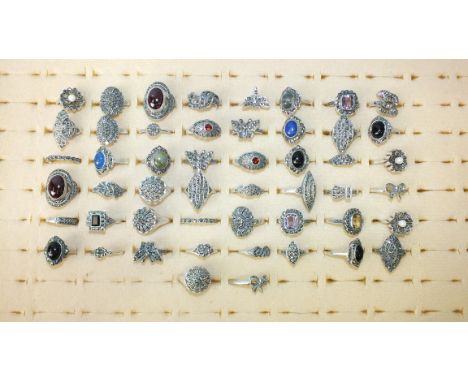 Approximately fifty various rings set marcasites and cultured pearls, paste stones, amethyst, etc, marked 'SILVER', 206g, siz