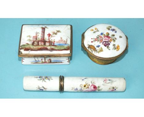 A Birmingham enamelled needle case and cover painted with dragonflies and floral sprays, 12cm, a damaged gilt metal tortoises