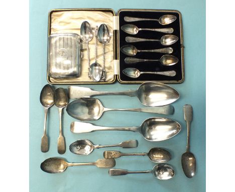 A set of six modern coffee spoons in case, an engine-turned cigarette case, Birmingham 1918 and a collection of mainly Victor