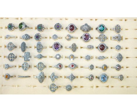 Approximately fifty various rings set marcasites and cultured pearls, paste stones, amethyst, etc, marked 'SILVER', 202g, siz