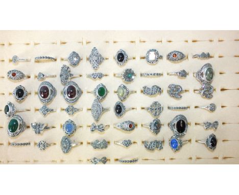 Approximately fifty various rings set marcasites and cultured pearls, paste stones, amethyst, etc, marked 'SILVER', 203g, siz