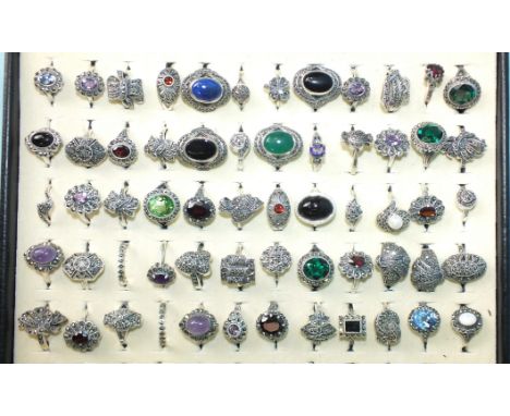 Sixty silver rings set marcasite, some set coloured stones and pastes, all marked 'Silver', 263g, sizes K-P. 