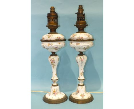 A large pair of Continental floral-decorated enamel and gilt-metal-mounted table lamps, 60cm high, (2). 