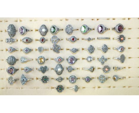 Approximately fifty various rings set marcasites and cultured pearls, paste stones, amethyst, etc, marked 'SILVER', 203g, siz