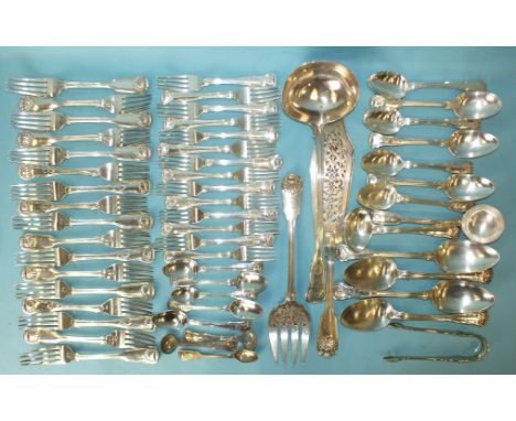 A collection of mainly 19th century fiddle and shell pattern flatware, including a pair of fish servers and ladle, total weig