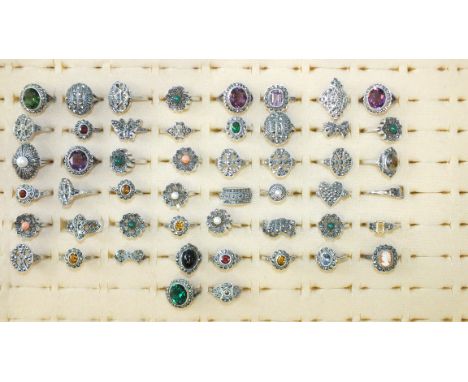 Approximately fifty various rings set marcasites and cultured pearls, paste stones, amethyst, etc, marked 'SILVER', 200g, siz