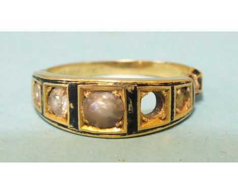 A Victorian black-enamelled locket-back mourning ring set one old brilliant-cut diamond and two pearls, with partial inscript