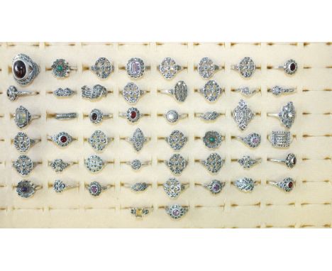 Approximately fifty various rings set marcasites and cultured pearls, paste stones, amethyst, etc, marked 'SILVER', 205g, siz