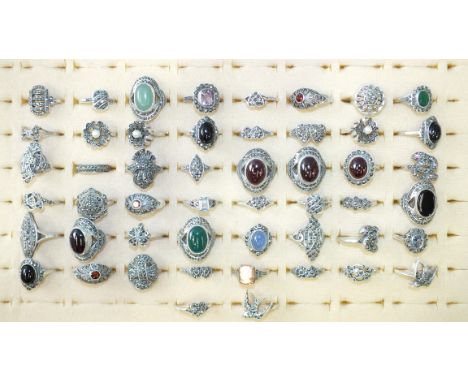 Approximately fifty various rings set marcasites and cultured pearls, paste stones, amethyst, etc, marked 'SILVER', 211g, siz