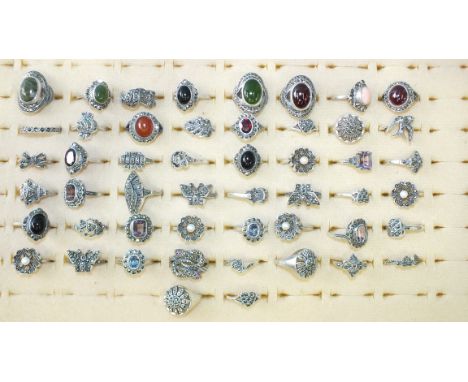 Approximately fifty various rings set marcasites and cultured pearls, paste stones, amethyst, etc, marked 'SILVER', 208g, siz