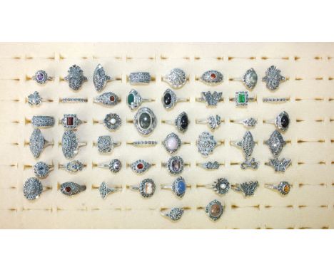 Approximately fifty various rings set marcasites and cultured pearls, paste stones, amethyst, etc, marked 'SILVER', 207g, siz