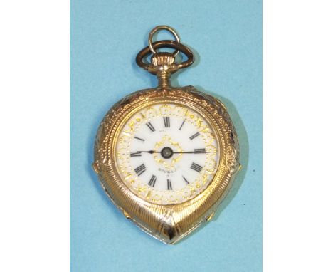 A Continental lady's heart-shaped open-face keyless pocket watch, the white enamel dial with Roman numerals and gilt decorati