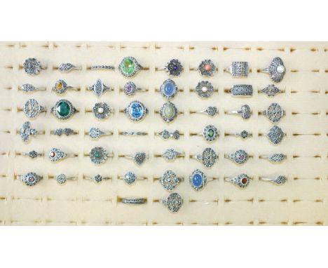 Approximately fifty various rings set marcasites and cultured pearls, paste stones, amethyst, etc, 172g, sizes K-R, marked si