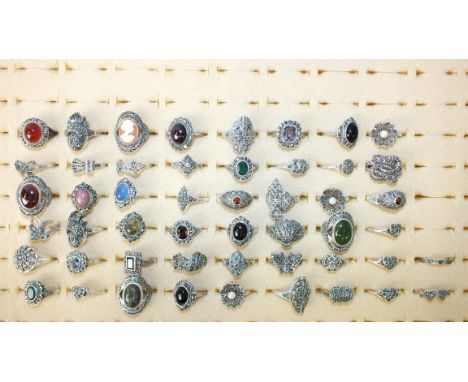 Approximately fifty various rings set marcasites and cultured pearls, paste stones, amethyst, etc, marked 'SILVER', 210g, siz