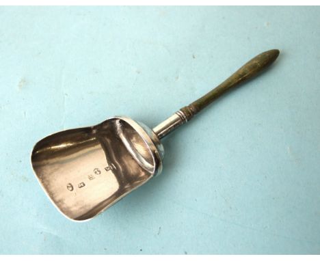 A George III silver caddy spoon of shovel form, with green-stained turned wood handle, maker William Pugh, Birmingham 1806, 9