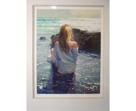 After Nicholas St John Rosse, 'Young girl sitting on the beach', a signed limited-edition print numbered 18/150, 32 x 41cm, t