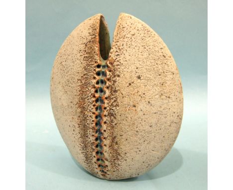 Alan Wallwork (1931-2019), a split oval stoneware vase with incised AW to base, 18cm high, 15cm wide. 