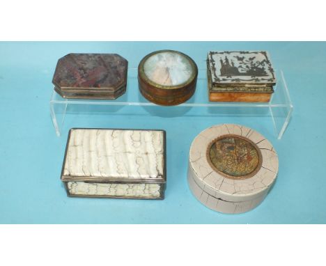 A rectangular snuff box of elephant tooth section panels, within white-metal mounts, 9cm long and four other boxes in need of