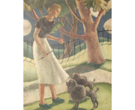 Circa 1930's English School A YOUNG WOMAN HOLDING A STICK WITH TWO POODLES IN A PARK LANDSCAPE Unsigned oil on canvas, 50 x 4