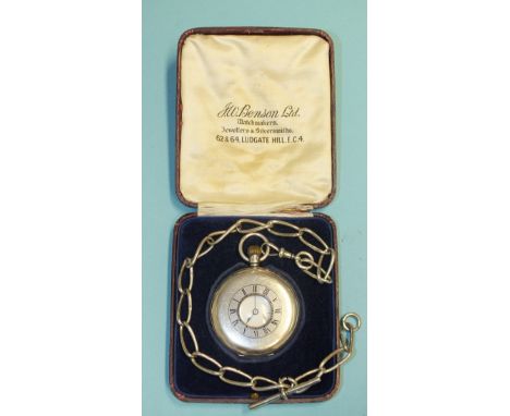 J W Benson, a silver-cased keyless half-hunter pocket watch, the white enamel dial with Roman numerals and seconds subsidiary