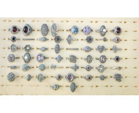 Approximately fifty various rings set marcasites and cultured pearls, paste stones, amethyst, etc, marked 'SILVER', 203g, siz