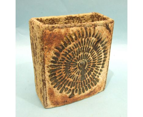 Alan Wallwork (1931-2019), a stoneware rectangular vase with circular incised glazed filled design, incised mark beneath, 16c