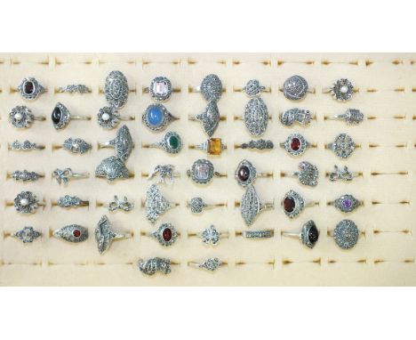 Approximately fifty various rings set marcasites and cultured pearls, paste stones, amethyst, etc, marked 'SILVER', 203g, siz