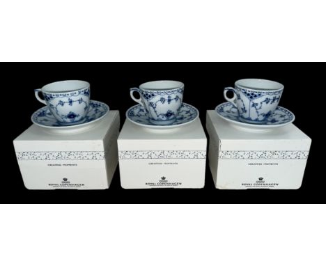 Royal Copenhagen – Three boxed hand painted Royal Copenhagen Blue Fluted Half Lace pattern Coffee Cups &amp; Saucers (1102071